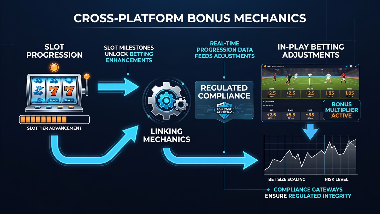 Illustration of synchronized slot and in-play betting interfaces showing bonus progression tracking